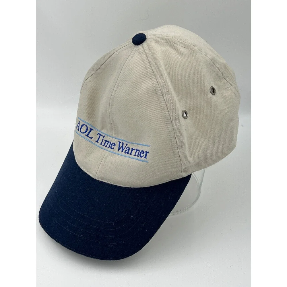 Vintage AOL Time Warner Hat HeadShot KC Caps Two Tone Tan Navy Strapback Cap